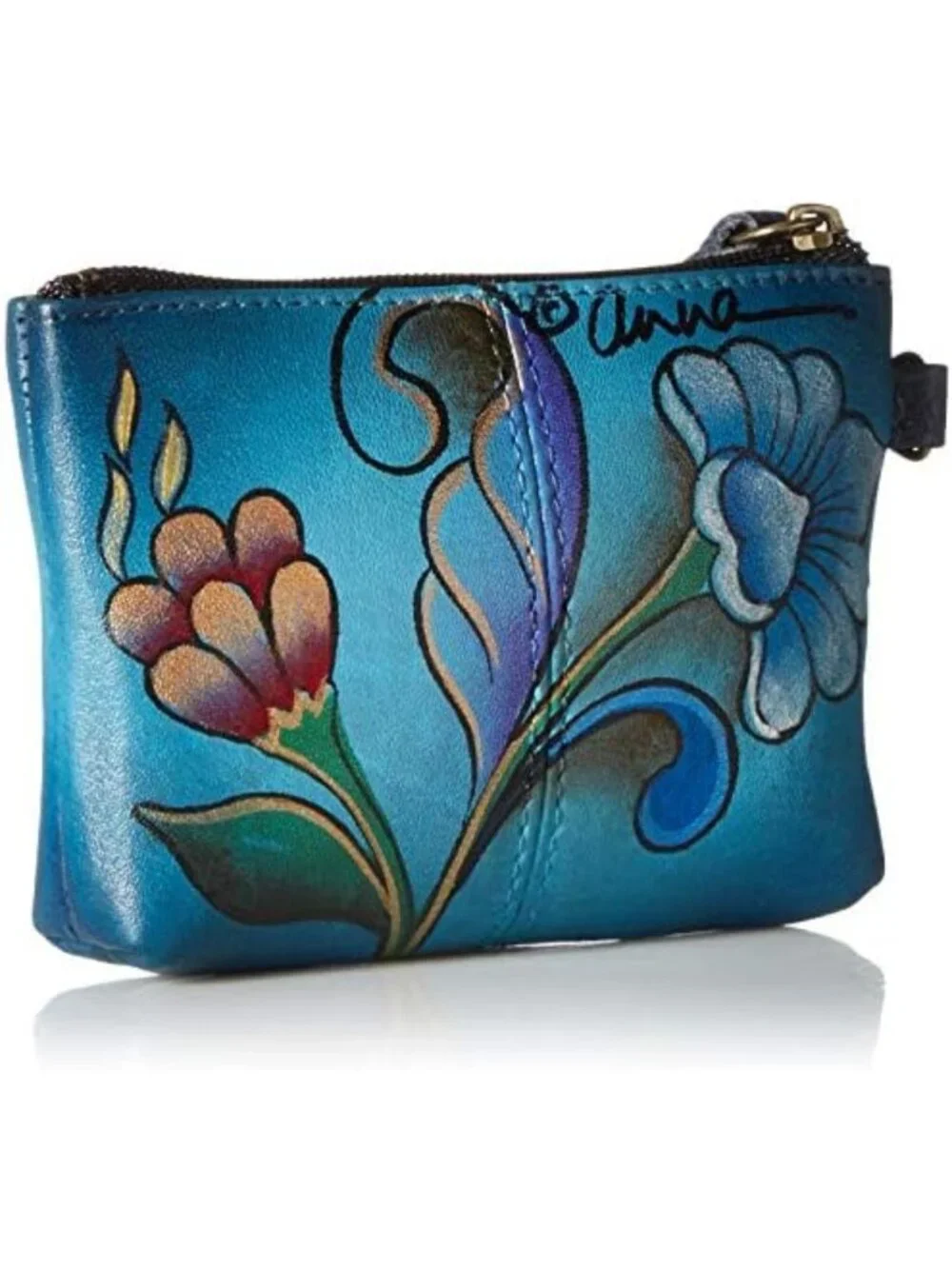 Hand Painted Genuine Leather Coin Pouch - Colorful Parrot Design, Denim Style